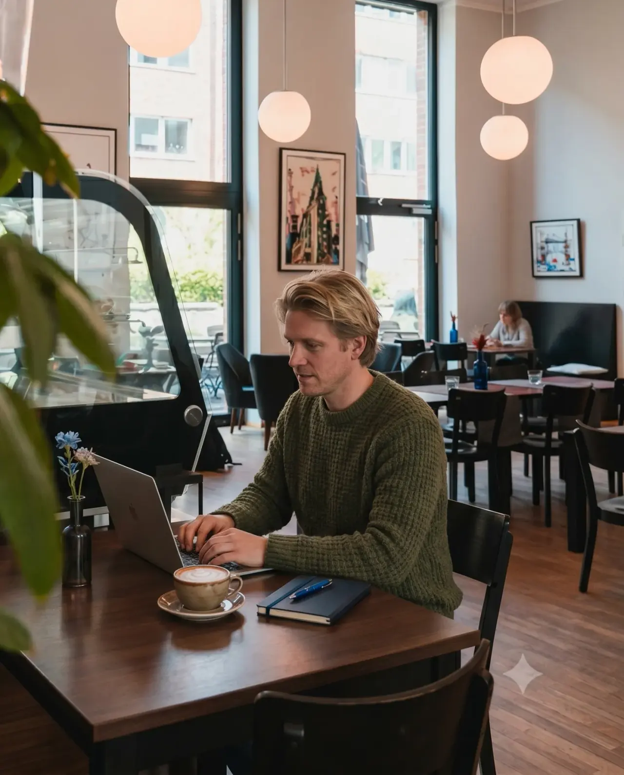 Mann arbeitet am Laptop bei einem Cappuccino im Café ElbFaire